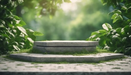 one and concrete podium in Natural green background, the scene with green leaves