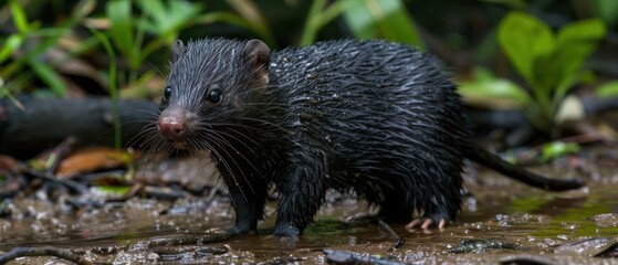 a small black animal standing on top of a puddle of water next to a lush green leaf covered forest filled with lots of leaves.