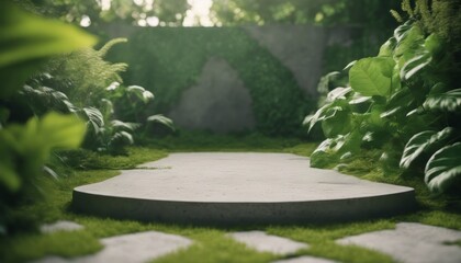 Obraz premium one and concrete podium in Natural green background, the scene with green leaves