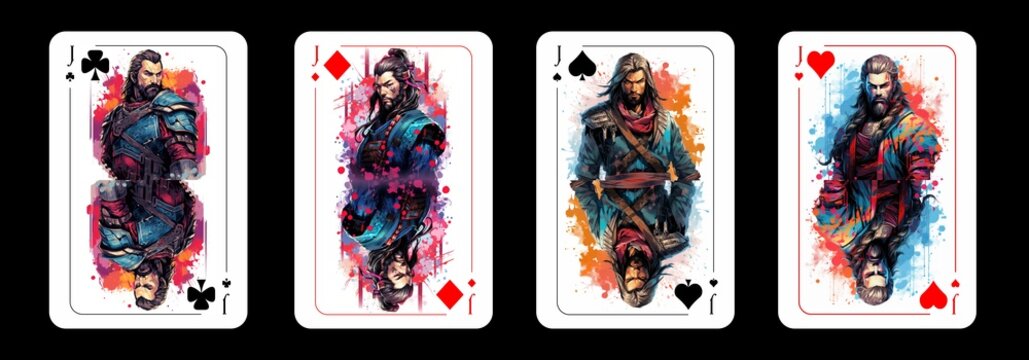 Set of card jacks of different suits, depicting warriors of different cultures, isolated on black