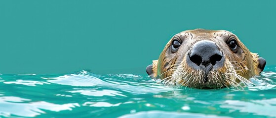 a close - up of a sea lion's face in the water with its head above the water's surface.