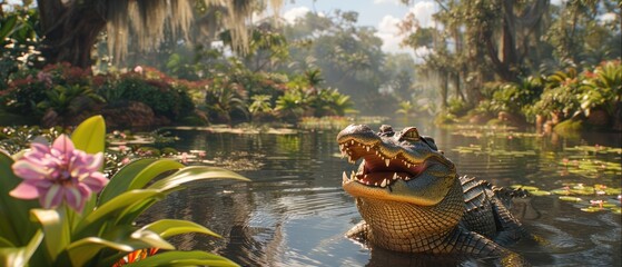 a statue of two alligators in a pond with lily pads and trees in the background and a pink flower in the foreground. - obrazy, fototapety, plakaty