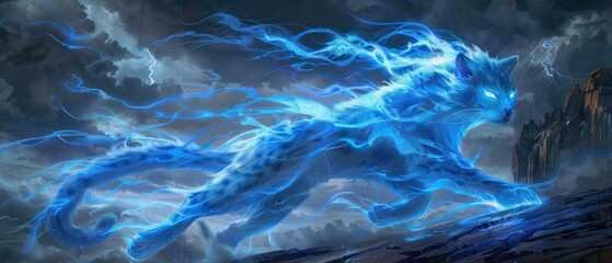 a digital painting of a blue and white fire dragon running through a storm filled sky with a castle in the background.
