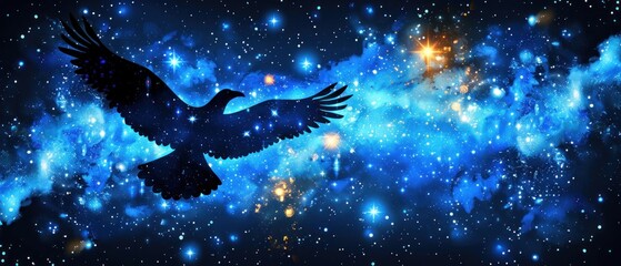 a silhouette of a bird flying in the sky with stars in the background and a blue sky filled with stars.