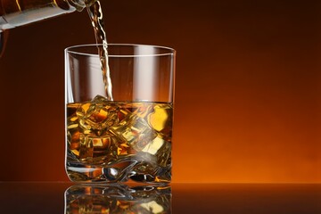Pouring whiskey into glass with ice cubes at table against color background, space for text