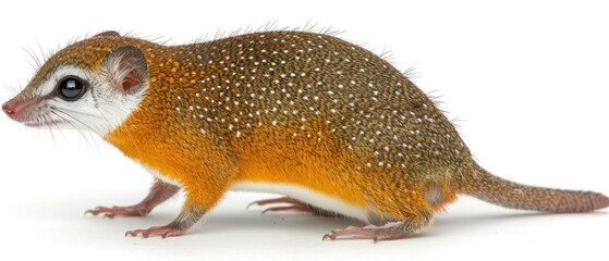 a close up of a small animal with spots on it's body and a long tail, on a white background.