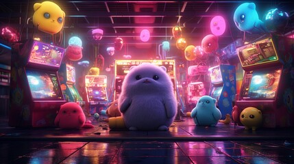 Cute fluffy creatures in an 80s retro arcade neon glow