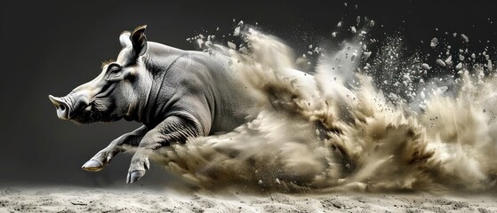 a rhinoceros kicking up dust while standing on it's hind legs in a black and white photo.