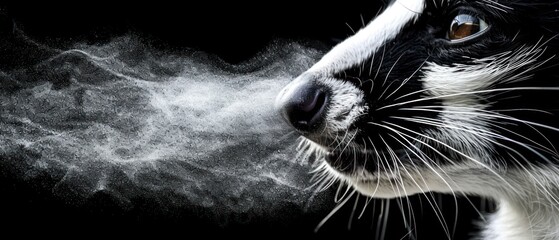 a close up of a black and white dog's face with smoke coming out of it's mouth.