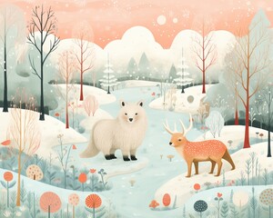 Cute illustrated animals in a whimsical pastel winter scene