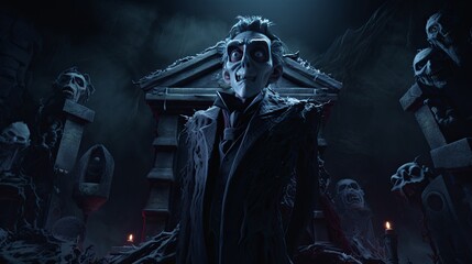 Obraz premium Envision a haunting scene with a headstone marking Draculas grave depicted in a unique and darkly atmospheric 3D animated portrait set against a backdrop of ominous shadows and gothic architecture