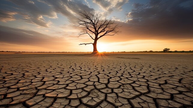 Drought cracks the earth a lone tree stands in a parched landscape