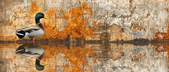 a duck standing on top of a body of water next to a rusted wall with a reflection of it in the water.
