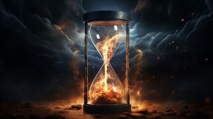 Unique 3D animation of an hourglass with lightning striking through capturing the fusion of time and energy against a dramatic backdrop - obrazy, fototapety, plakaty