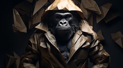 Unique origamiinspired scarecrow gorilla a masterpiece of portrait photography and 3D animation against an artful backdrop