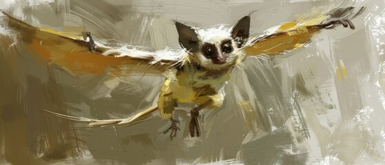 a painting of a bat flying through the air with it's wings spread out and it's eyes open.