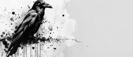 a black and white photo of a bird on a wall with paint splattered on it's side.