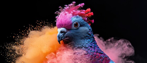 a close up of a bird with colored powder on it's face and feathers on it's head.