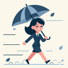 flat design illustration of a good day. Happy business woman running with umbrella