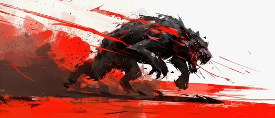 a painting of a black and red animal on a white and red background with black and red paint splatters.