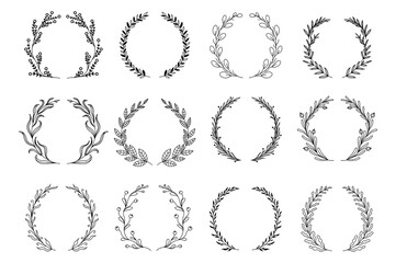 Ornamental branch wreathes set in hand drawn design. Laurel leaves wreath and decorative branch bundle. Different types of herbs, twigs, and plants curl vignetting elements. Floral decoration.