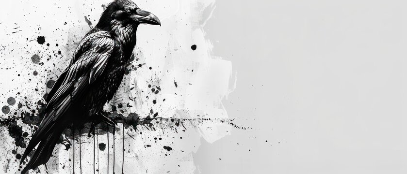 A Black And White Photo Of A Bird On A Wall With Paint Splattered On It's Side.