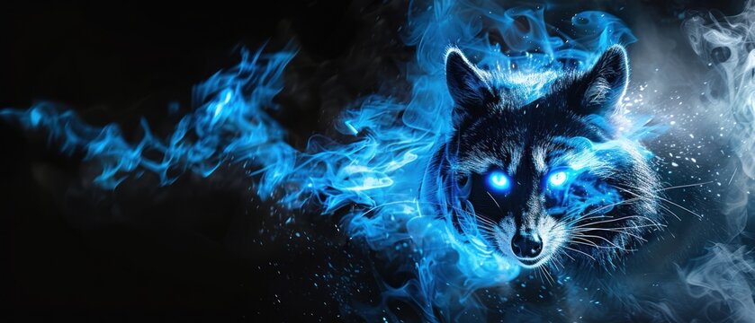a picture of a wolf with blue eyes and a flame around its face is shown in the foreground of a black background.