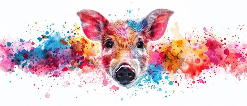 a watercolor painting of a pig's face with colorful paint splatters on it's face.
