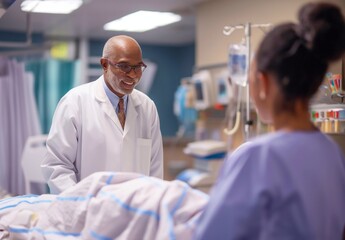 Obraz premium Doctor and patient discussing something while lying on the bed in hospital ward generative ai art