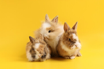 Cute little rabbits on yellow background. Adorable pet