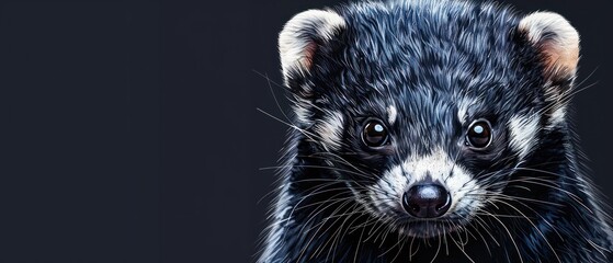 a close up of a black and white ferret looking at the camera with a sad look on its face.