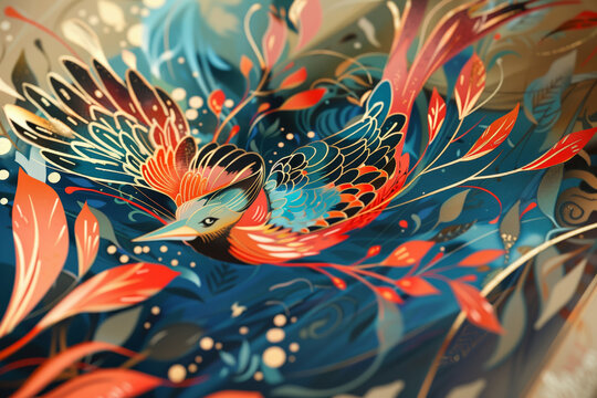 Abstract illustration of colorful bird in paper, with wavy and ornamental feathers, paint and perspective shapes cut out on graphic print