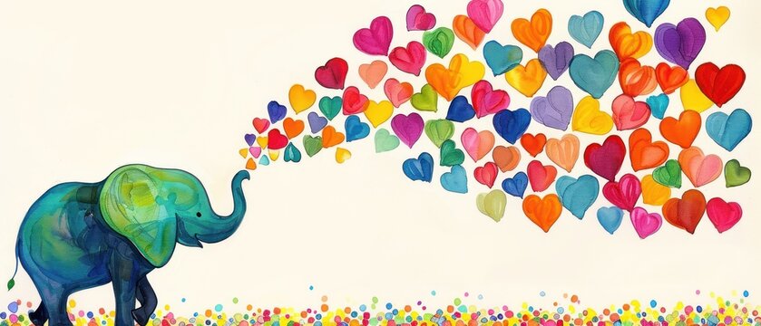 a painting of an elephant blowing hearts out of it's trunk with a sky of confetti in the background.