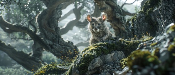 a small animal sitting on top of a moss covered rock next to a forest filled with lots of tall trees.