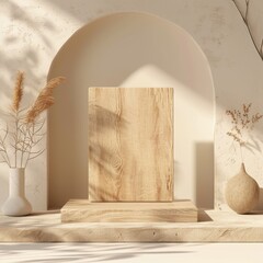 wooden podium display wooden product background with blank natural advertising backdrop, minimalist beauty mockup or empty cosmetic presentation,