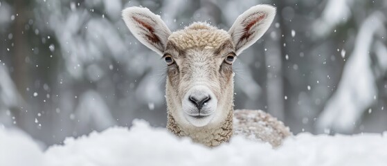 a close up of a sheep with snow on it's face and trees in the background in the snow.