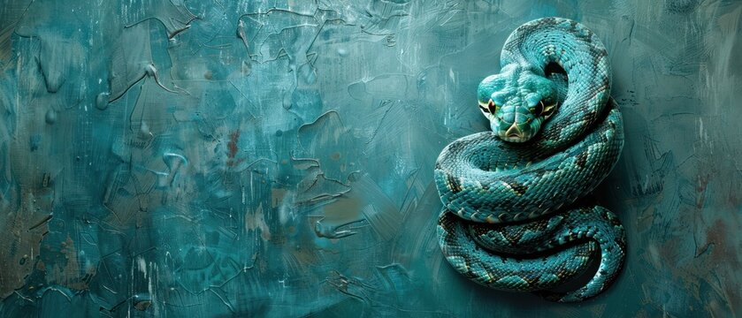 a painting of a snake wrapped around it's head on a blue wall with a green paint job on it.