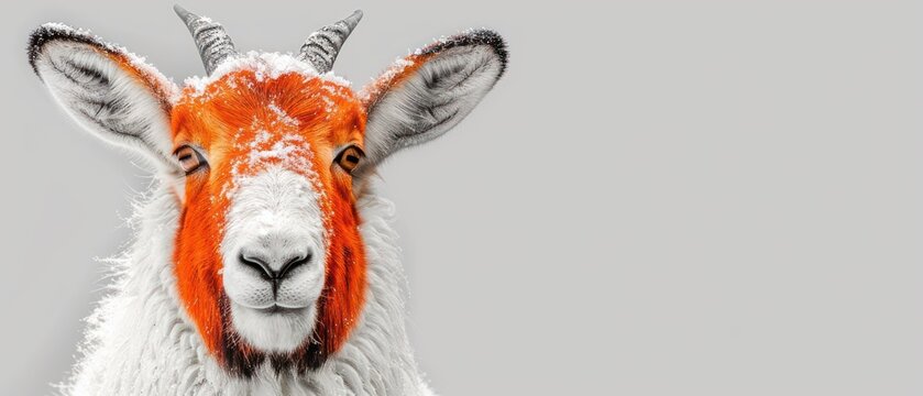 a close up of a goat's face with orange and white paint on it's face and it's horns.