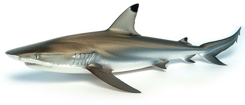 a model of a great white shark on a white background with a clipping path to the bottom of the image.