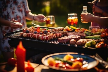 group of friends are grilling meat and vegetables on a picnic gas stove. On the table are plates, bowls, glasses and condiments. Style: Fun, Relaxed, - obrazy, fototapety, plakaty