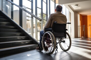 Fototapeta premium physically disabled person sits in a wheelchair and works in the office. Disabled people with disabilities can work like normal people.