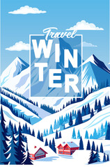 Fototapeta na wymiar Winter Snowy rocky mountain Sports ski Hotel Night landscape Christmas Holiday Events New Year calendar title page brochure cover travel poster voyage banner modern design vector template Europe