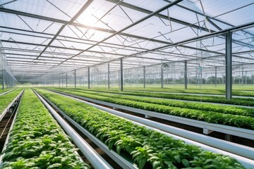 greenhouse plants Control the temperature with an intelligent system Organic vegetable farm The vegetable plots are neatly lined up, shady, green,