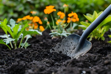 A small shovel stuck in the dirt with flowers in the background