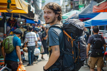 Portrait of a young man standing in the middle of a big crowd with a backpack - obrazy, fototapety, plakaty
