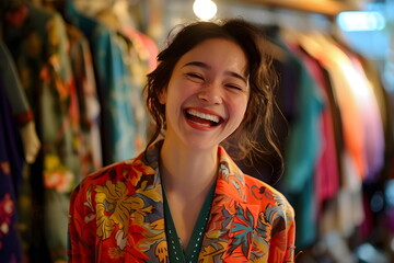 Portrait of a woman in a boutique smiling