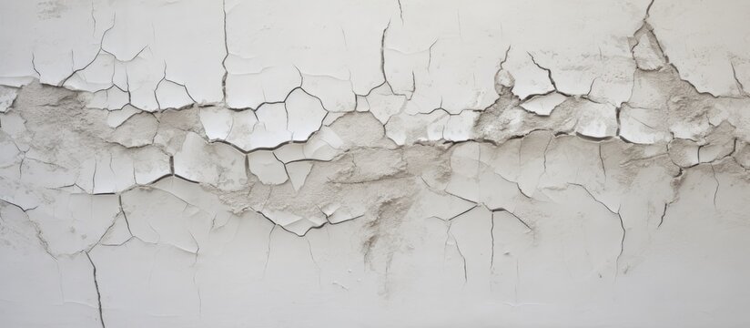 A white cement wall with a visible crack running through its surface, likely caused by construction damage. The crack creates a textured background on the wall.