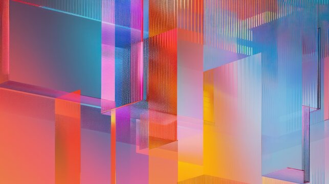 The image features an array of vibrant geometric shapes with a 3D effect, showcasing a modern and abstract aesthetic