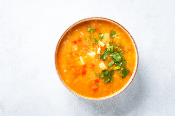 Lentil soup. Red lentil soup, traditional middle eastern food. Top view.