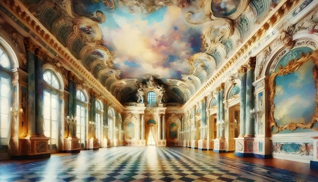 An impressionistic painting of an ornate gallery with a vibrant, cloud-adorned ceiling and sunlight cascading through large windows onto a tiled floor.

